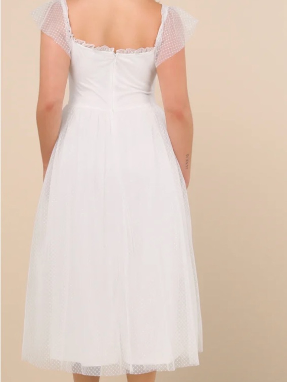 Lulus White Polka Dot Tulle Midi Dress M Square Neck Flutter Sleeve Zip - Picture 5 of 13